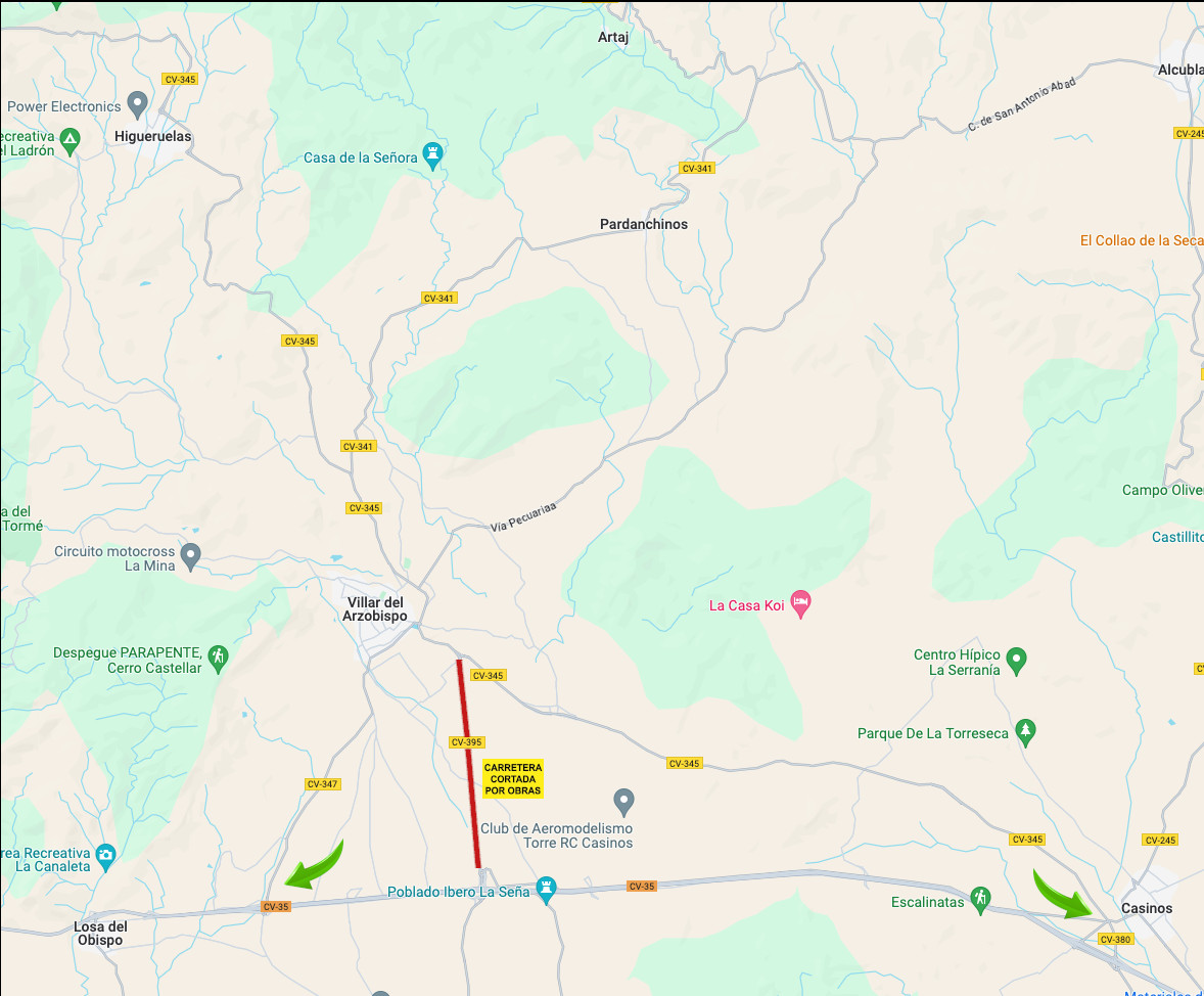Mapa corte de carretera CV-395 y alternativas