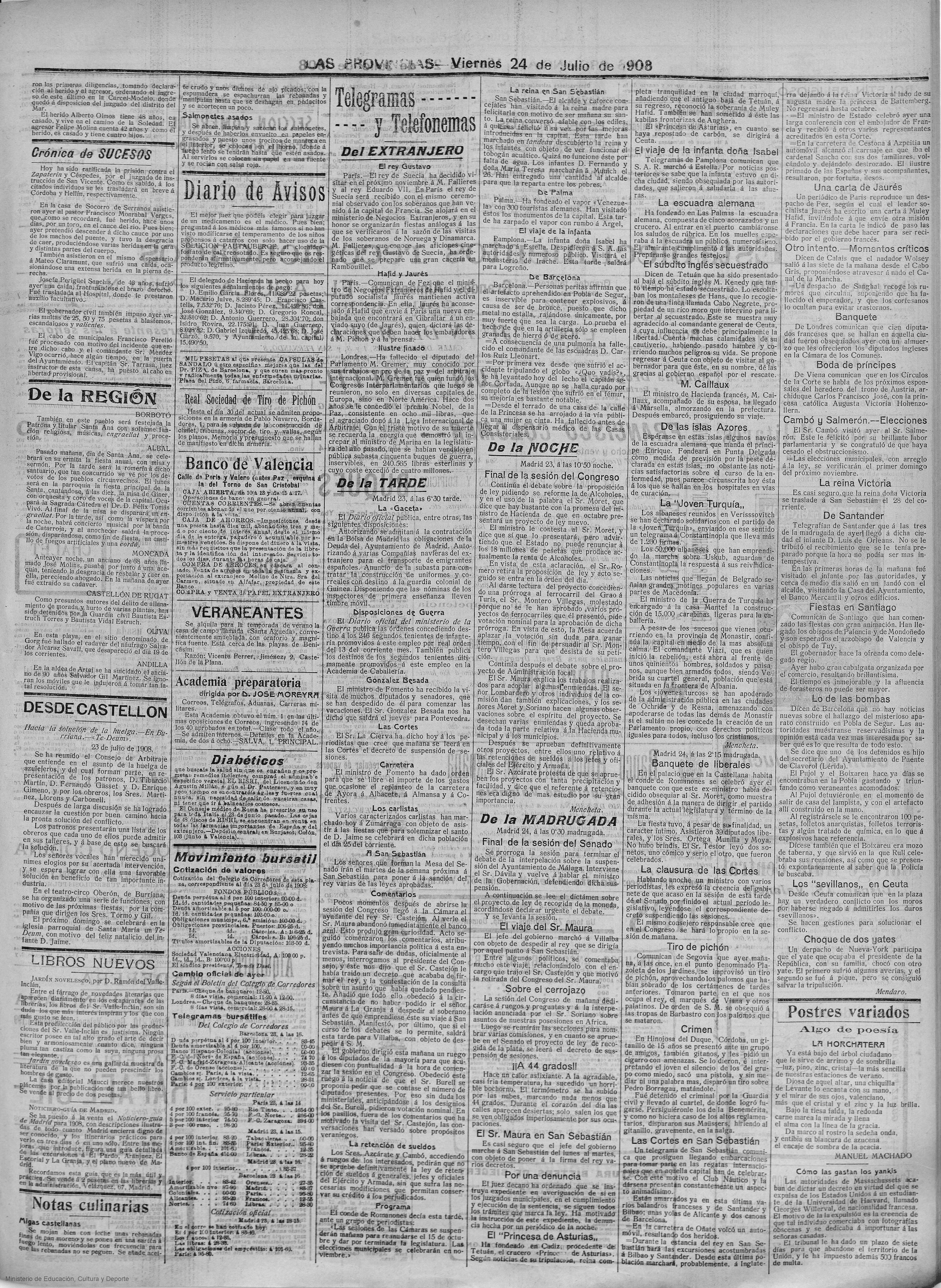 Nota del suicicidio publicada en Las Provincias el 24-07.1908